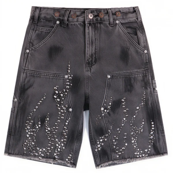 Hellstar Flame Stud Denim Shorts Grey
